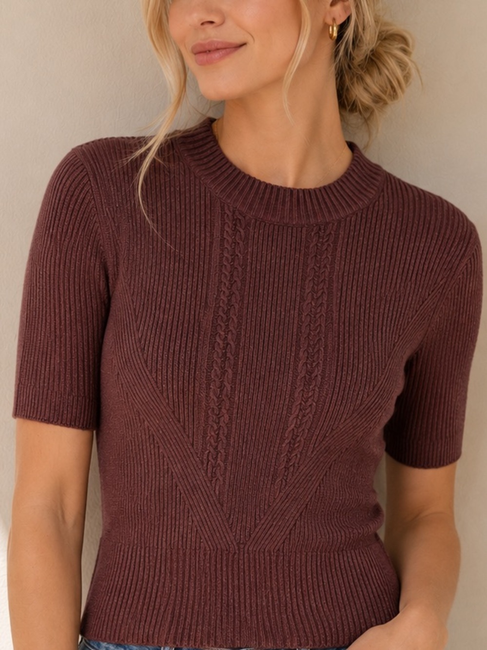 M.M. LaFleur $199 Brown Ribbed Short Sleeved Washable Sweater Knit Top Small EUC